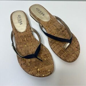 Guess Los Angeles Ladies Thong Flip Flops Cork Sandals Size 9 Blue Gold Logo